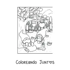 Imagen para colorear de pareja de gnomos enamorados tomando café en el jardín