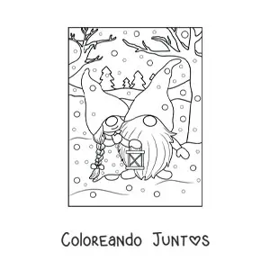 Imagen para colorear de pareja de gnomos enamorados en invierno