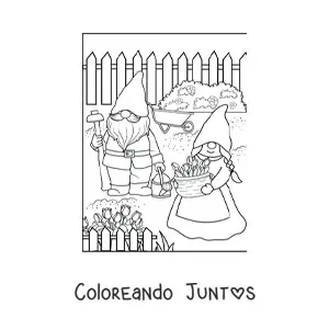 Imagen para colorear de pareja de gnomos sembrando flores en el jardín