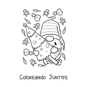 Imagen para colorear de gnomo navideño con arbolito