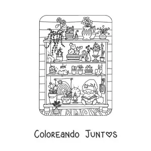 Imagen para colorear de gnomo leyendo en un estante con plantas