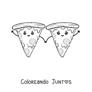 Imagen para colorear de una pareja de rebanadas de pizza kawaii sujeta de las manos