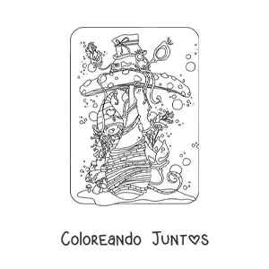 Imagen para colorear de gnomo tierno oculto tras un hongo