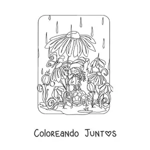 Imagen para colorear de gnomo kawaii usando una flor como paraguas
