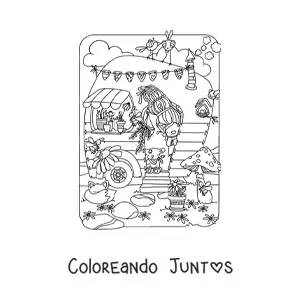 Imagen para colorear de mujer gnomo en su casa mágica