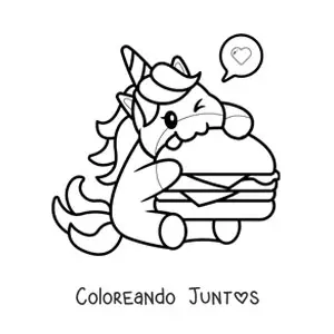 Imagen para colorear de un unicornio kawaii comiendo una hamburguesa gigante con un corazón