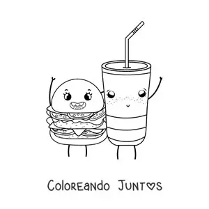 Imagen para colorear de una hamburguesa y un refresco kawaii animados sonriendo