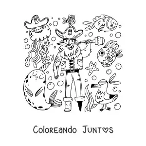 Imagen para colorear de viejo pirata animado con animales del mar
