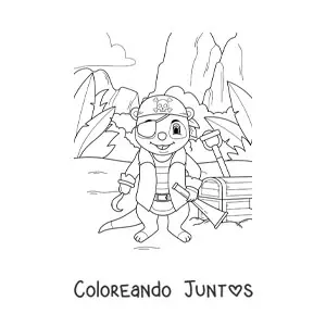 Imagen para colorear de suricata pirata animada con cofre del tesoro en la isla