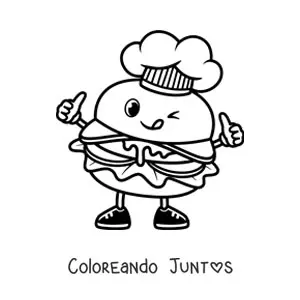 Imagen para colorear de una hamburguesa animada con sombrero de chef sacando la lengua