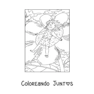 Imagen para colorear de niña troll realista durmiendo sobre una flor