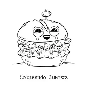 Imagen para colorear de una hamburguesa animada con una aceituna ensartada