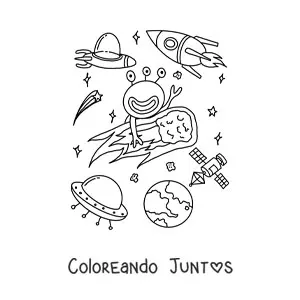 Imagen para colorear de marciano animado en un asteroide