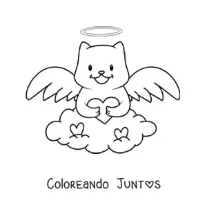 Imagen para colorear de gato ángel animado con corazón en el cielo