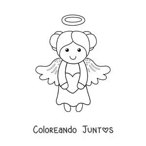 Imagen para colorear de niña ángel animada volando con corazón