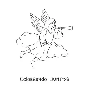 Imagen para colorear de ángel volando en el cielo con trompeta