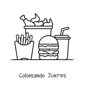 Imagen para colorear de una hamburguesa con papas fritas, refresco y un cubo de pollo