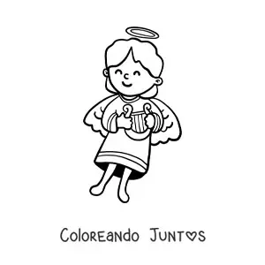 Imagen para colorear de niña ángel animada con arpa