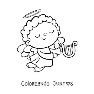 Imagen para colorear de niño ángel animado volando con arpa