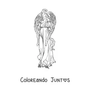 Imagen para colorear de ángel femenino realista con flores y una paloma