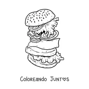 Imagen para colorear de una hamburguesa desarmada con lechuga, tomate, queso y carne