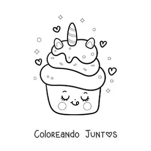 Imagen para colorear de un cupcake de unicornio kawaii con corazones