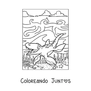 Imagen para colorear de dinosaurio acuático bebé animado en su hábitat