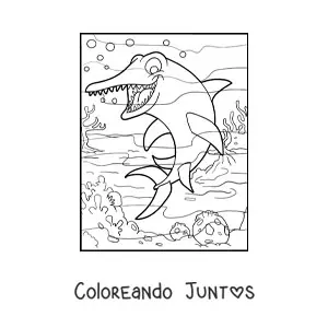 Imagen para colorear de dinosaurio acuático animado en su hábitat