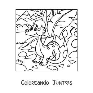 Imagen para colorear de dinosaurio bebé animado saliendo de su huevo en la jungla