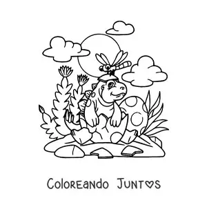 Imagen para colorear de dinosaurio bebé animado saliendo de su huevo