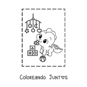 Imagen para colorear de dinosaurio bebé kawaii con juguetes