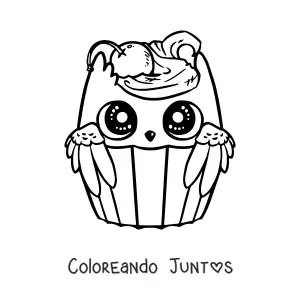 Imagen para colorear de un cupcake de buho kawaii con una cereza