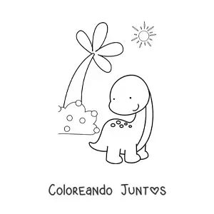 Imagen para colorear de dinosaurio bebé bonito de cuello largo en su hábitat
