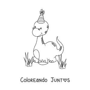Imagen para colorear de dinosaurios bebés bonitos de cuello largo con gorro de cumpleaños