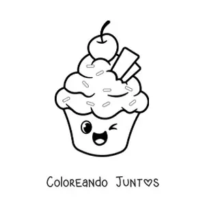 Imagen para colorear de un cupcake animado con una cereza