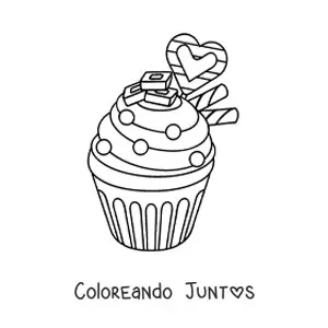 Imagen para colorear de un cupcake con un corazón y dos barquillos