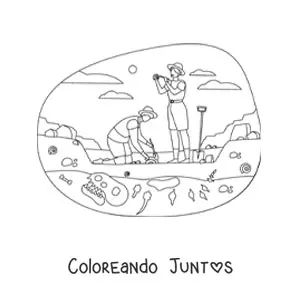 Imagen para colorear de paleontólogos excavando fósiles de dinosaurios