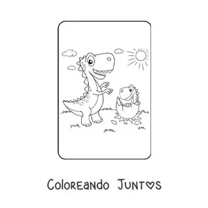 Imagen para colorear de tiranosaurio animado con su bebé saliendo del huevo