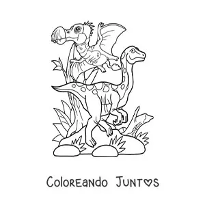 Imagen para colorear de dinosaurio volador con dinosaurio terrestre