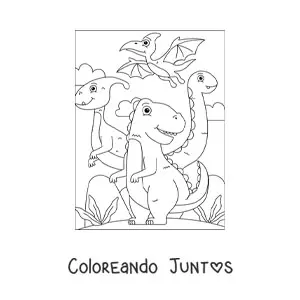 Imagen para colorear de dinosaurios terrestres y pterodáctilo volando