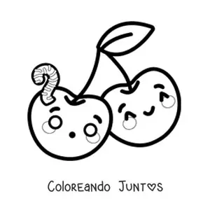 Imagen para colorear de cerezas kawaii con gusano