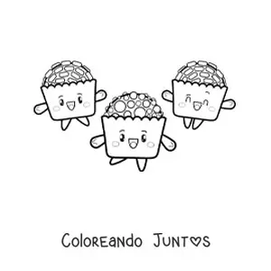 Imagen para colorear de tres cupcakes kawaiis animados