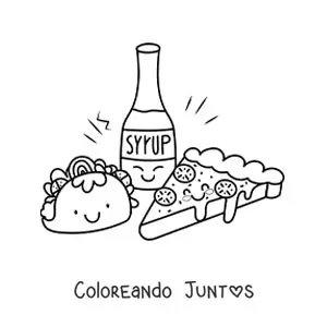 Imagen para colorear de un taco kawaii con una botella y un trozo de pizza