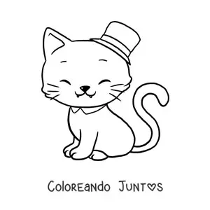 Imagen para colorear de gato kawaii grande con sombrero