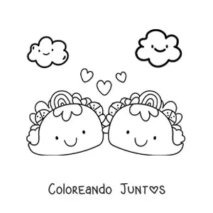 Imagen para colorear de dos tacos kawaiis con corazones y nubes