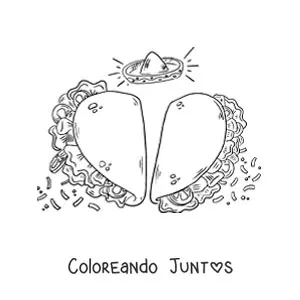Imagen para colorear de dos tacos con forma de corazón y un sombrero mexicano