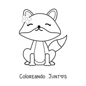 Imagen para colorear de zorro kawaii sentado con flor