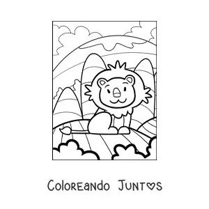 Imagen para colorear de león animado sentado con paisaje natural