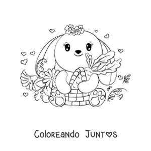 Imagen para colorear de conejo kawaii con zanahoria y flores