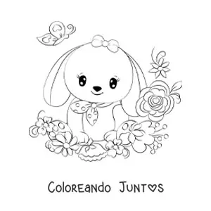 Imagen para colorear de conejo kawaii con orejas caídas y flores